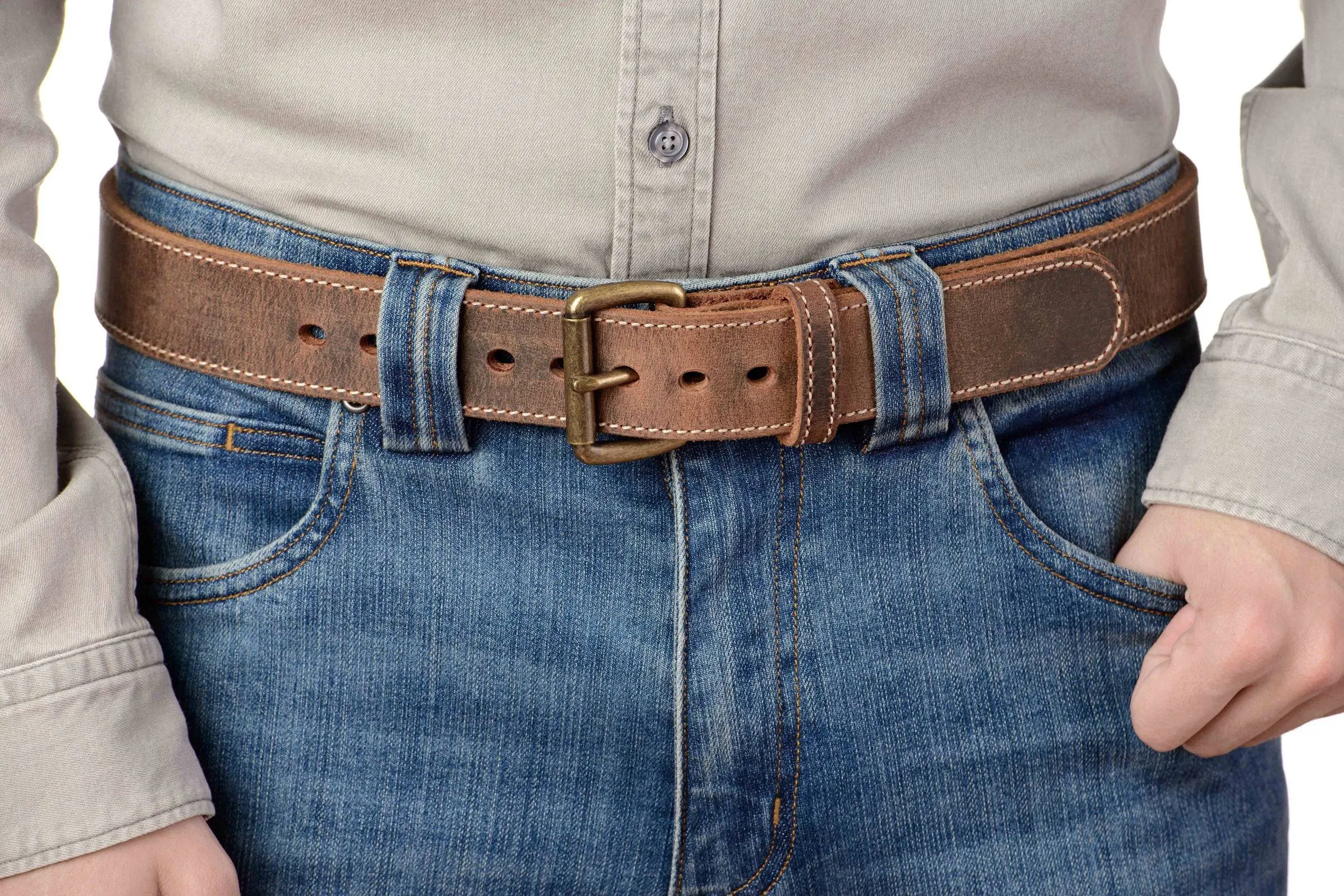 The Crazy Horse: Men's Rustic Brown Stitched Leather Belt Max Thick 1.50"