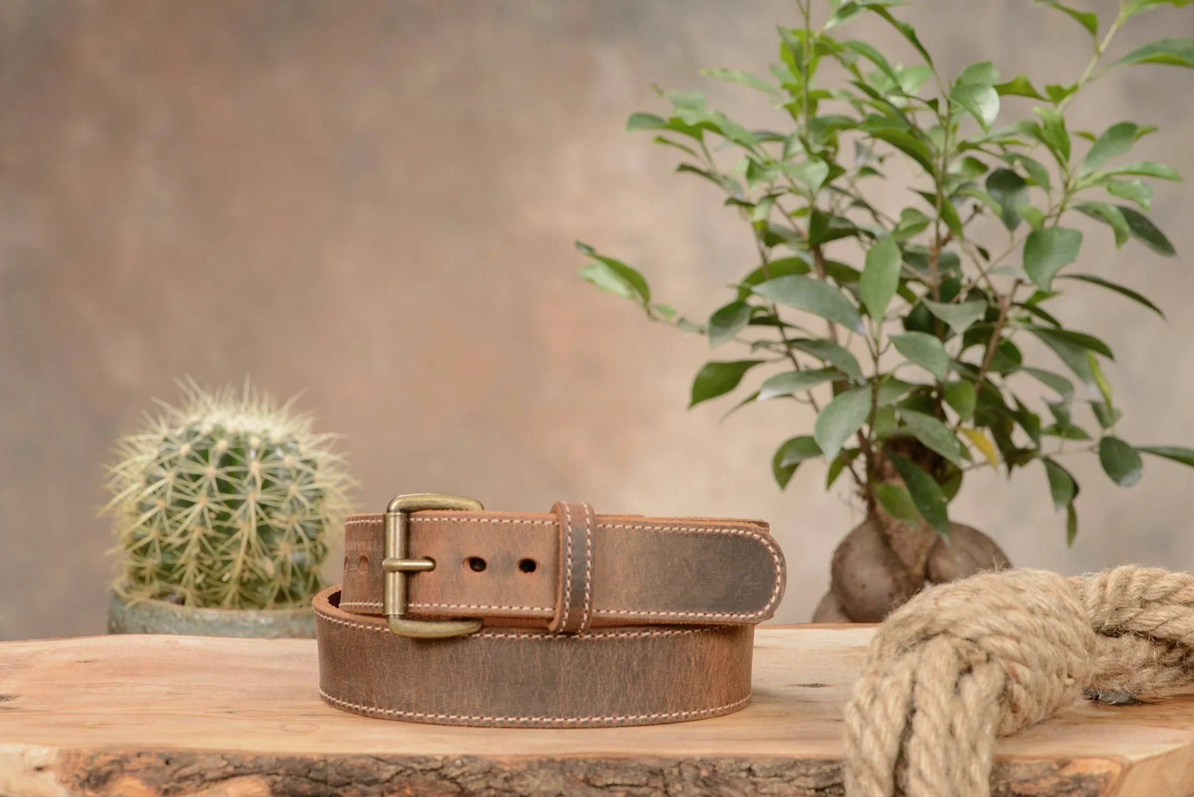 The Crazy Horse: Men's Rustic Brown Stitched Leather Belt Max Thick 1.50"