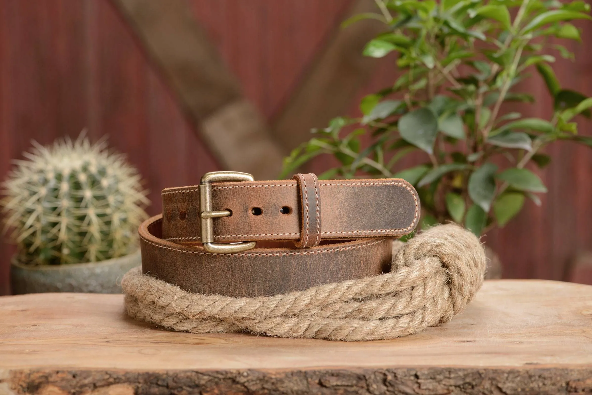 The Crazy Horse: Men's Rustic Brown Stitched Leather Belt Max Thick 1.50"