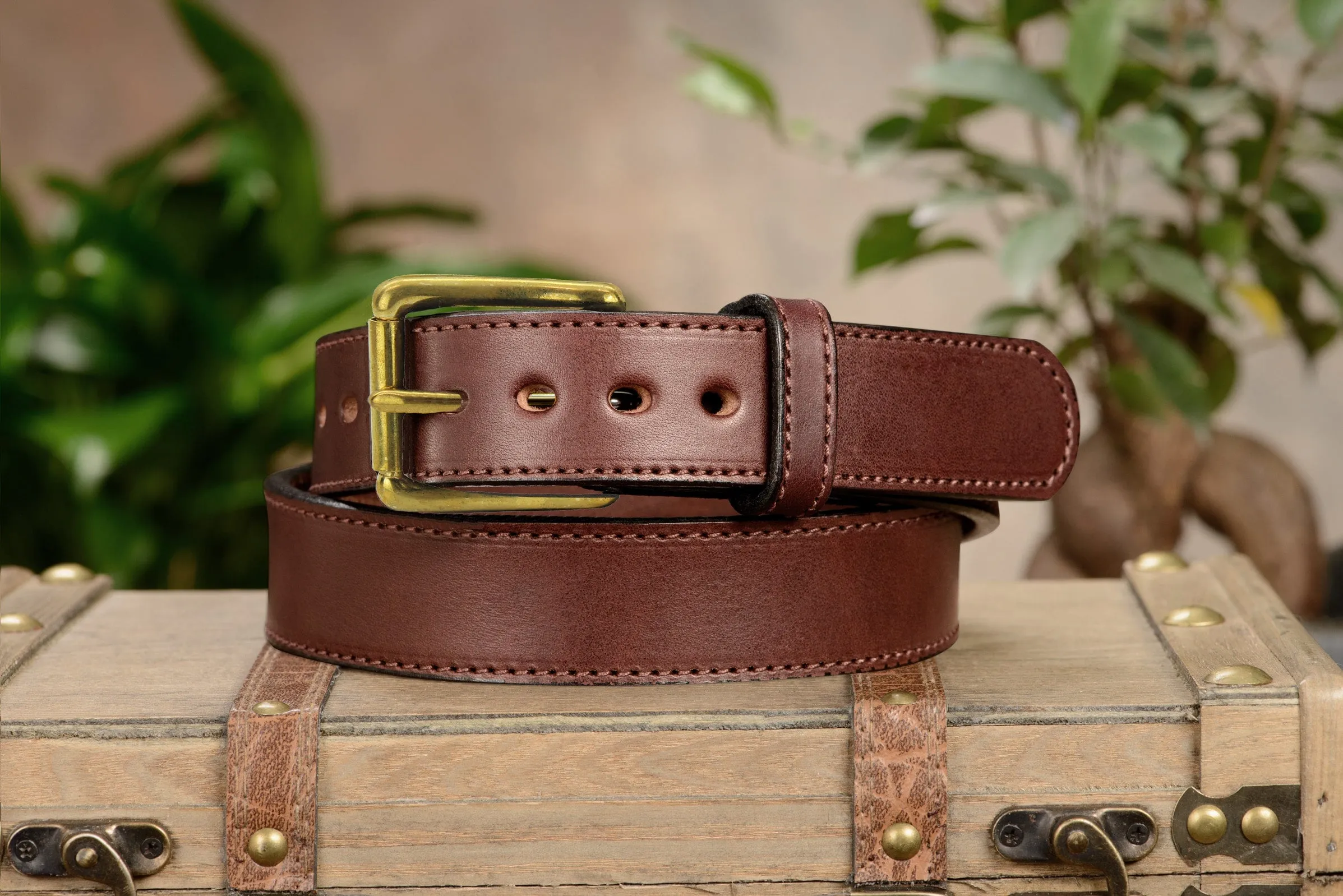 The Eastwood: Men's Brown Stitched Leather Belt Max Thick With Brass 1.50"