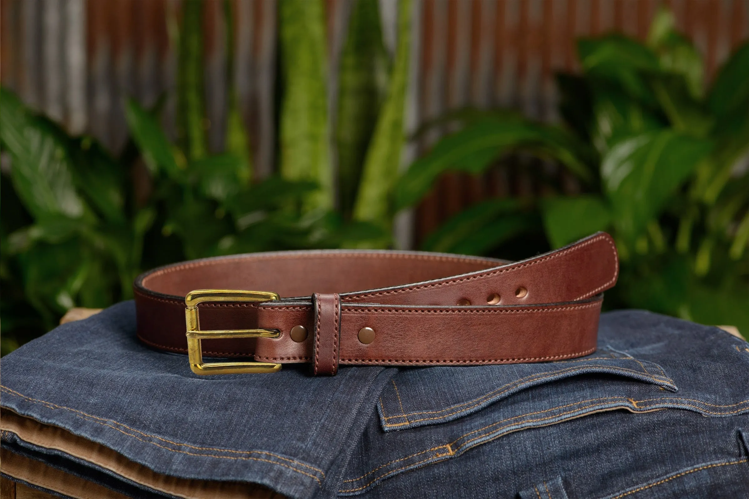 The Eastwood: Men's Brown Stitched Leather Belt Max Thick With Brass 1.50"