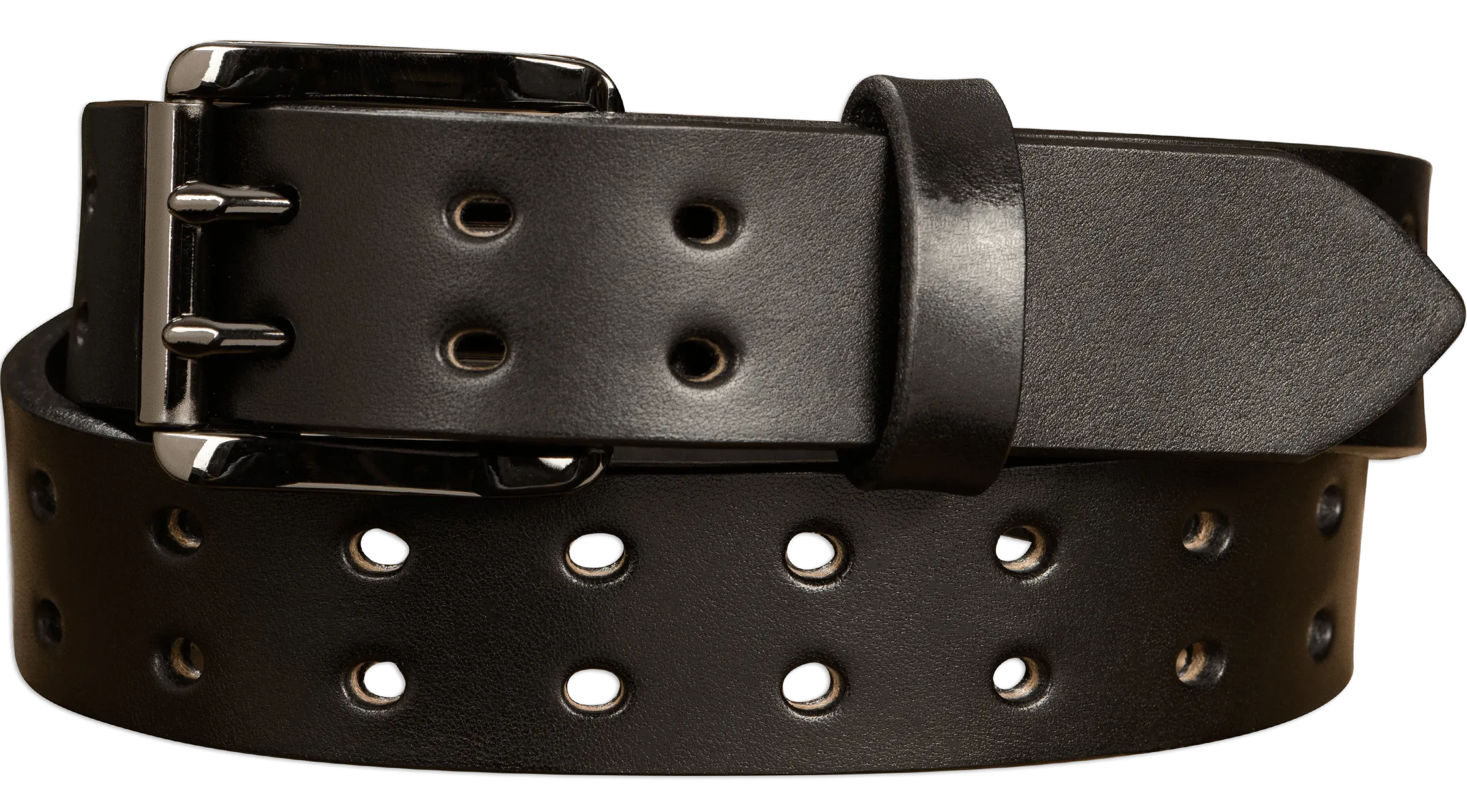 The Holey Bull: Men's Black Non Stitched Double Prong Leather Belt With Gunmetal Roller 1.50"