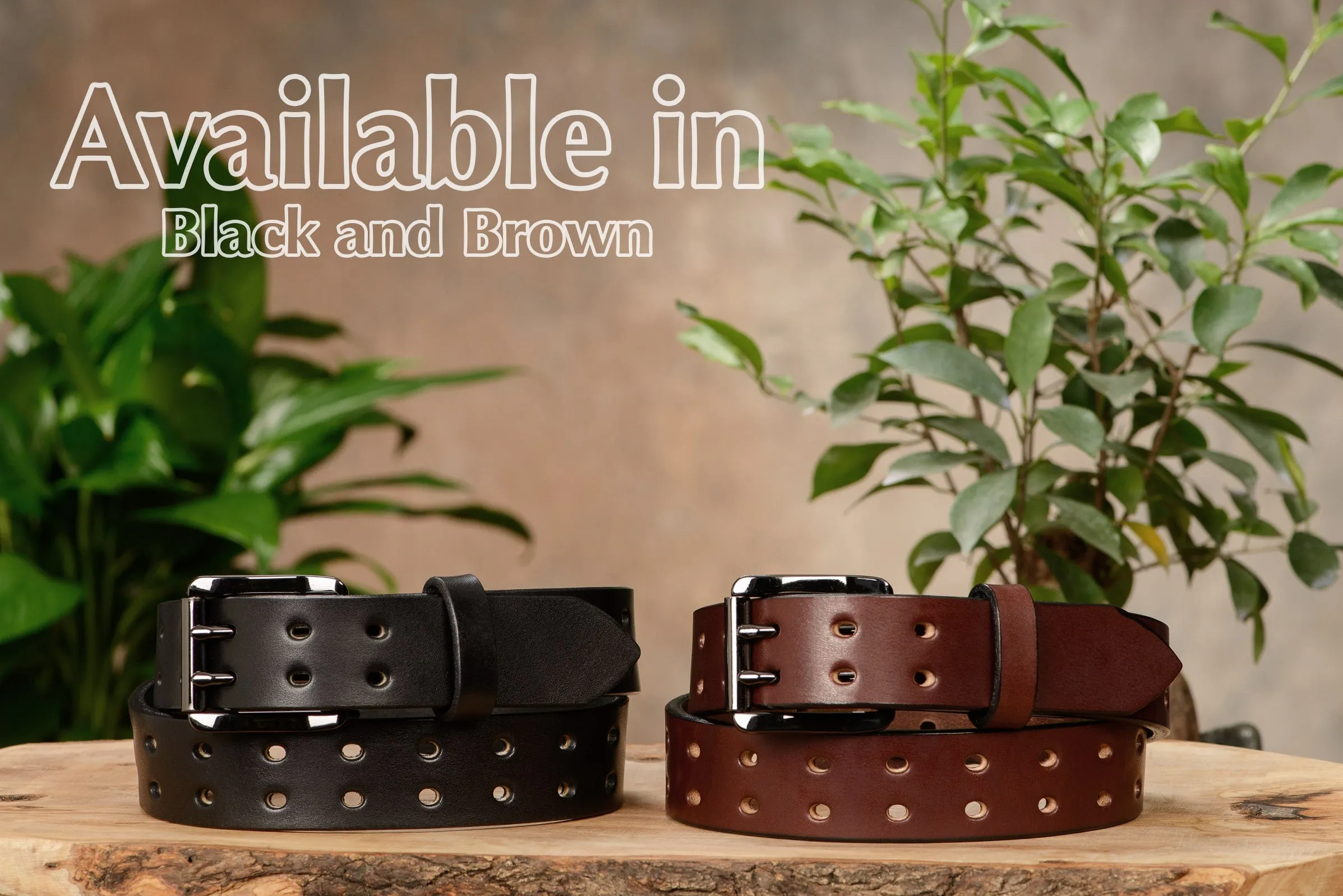 The Holey Bull: Men's Black Non Stitched Double Prong Leather Belt With Gunmetal Roller 1.50"