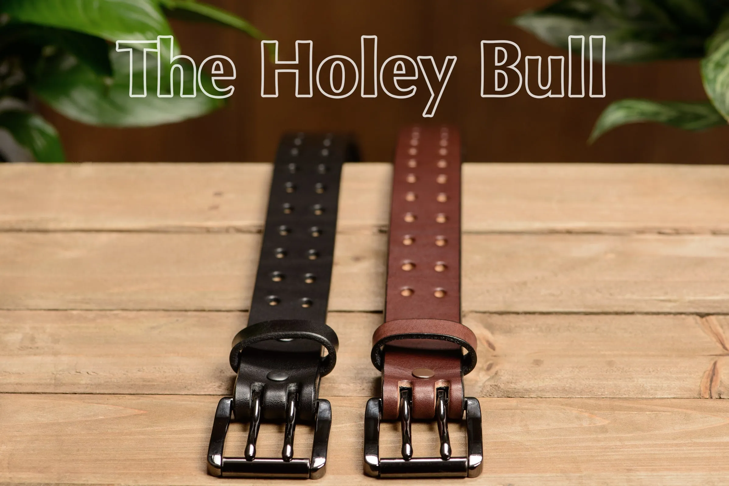 The Holey Bull: Men's Black Non Stitched Double Prong Leather Belt With Gunmetal Roller 1.50"