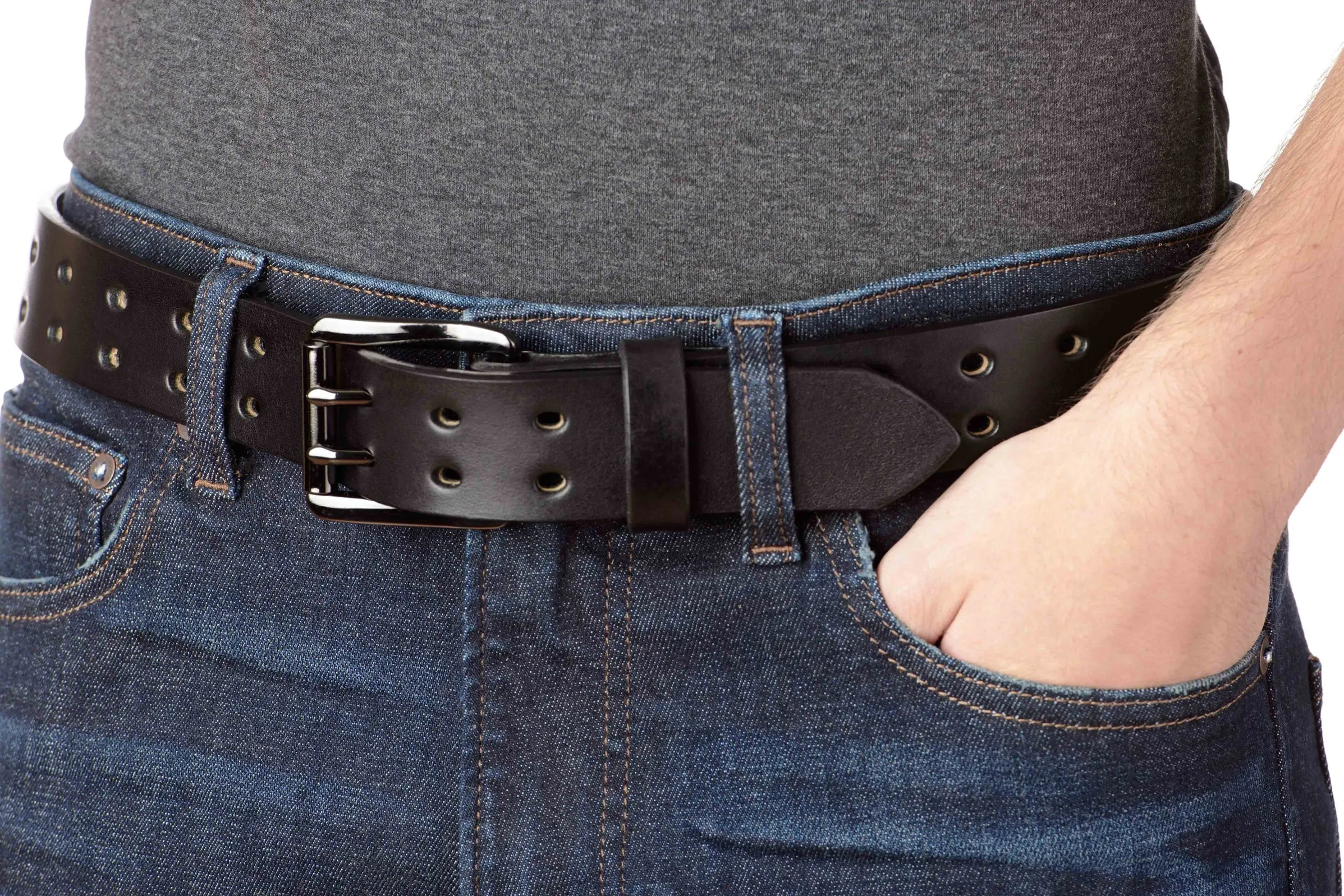The Holey Bull: Men's Black Non Stitched Double Prong Leather Belt With Gunmetal Roller 1.50"