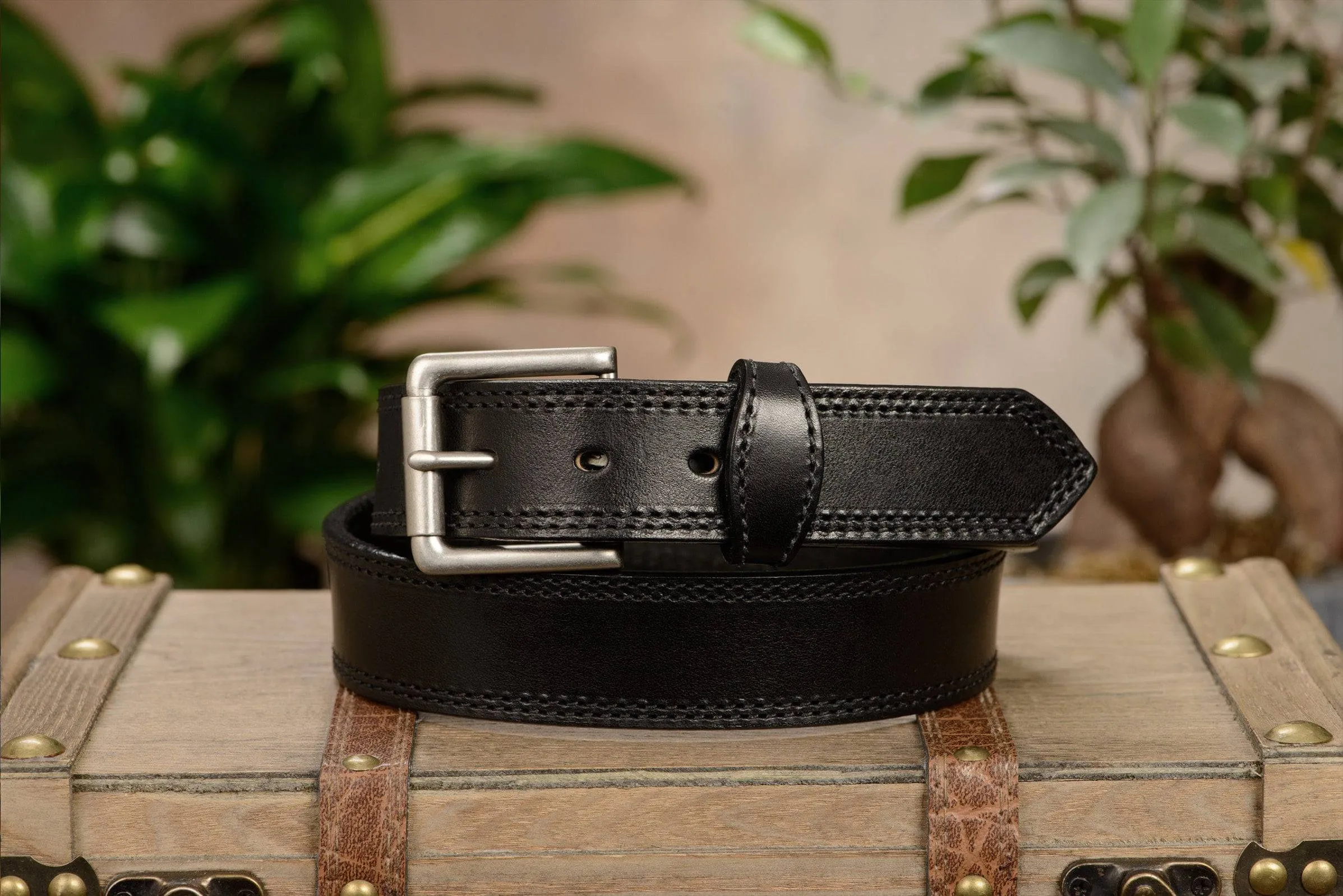 The Maverick: Men's Black Double Stitched Leather Belt 1.50"