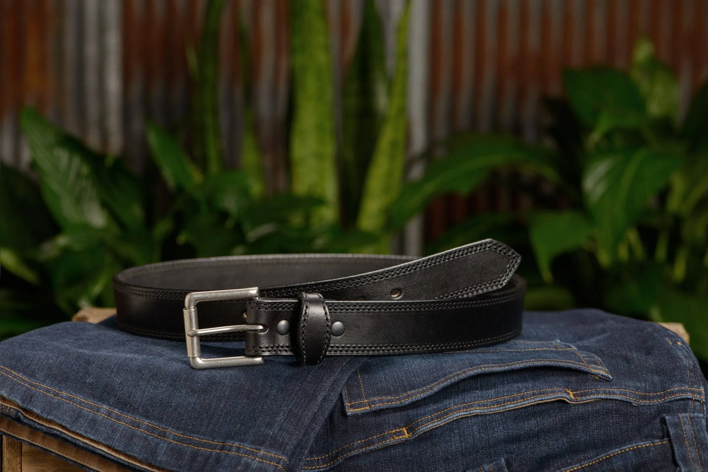 The Maverick: Men's Black Double Stitched Leather Belt 1.50"