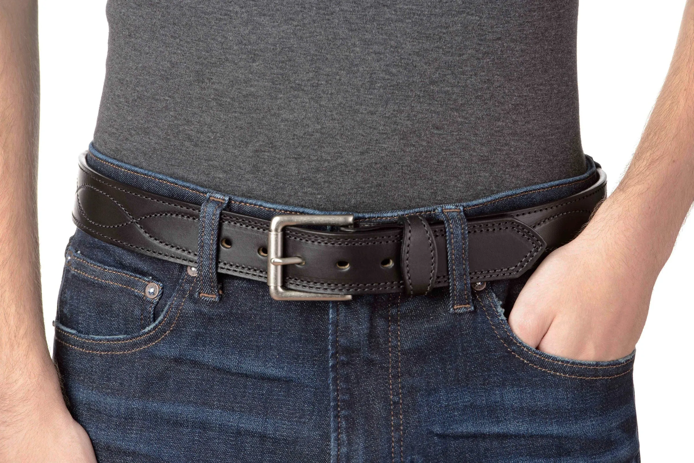 The Maverick: Men's Black Figure 8 Stitched Leather Belt With Black Thread 1.50"