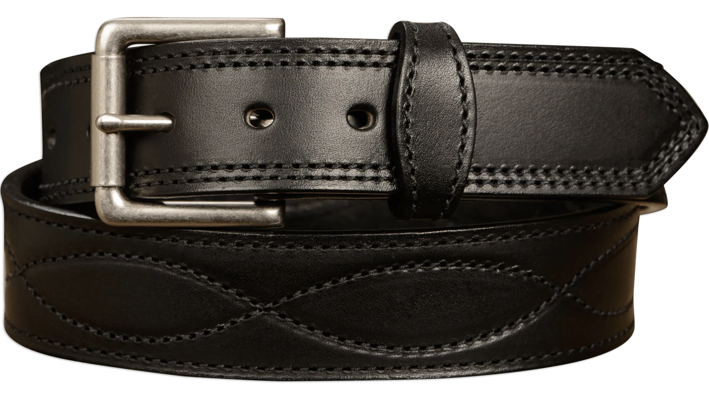 The Maverick: Men's Black Figure 8 Stitched Leather Belt With Black Thread 1.50"