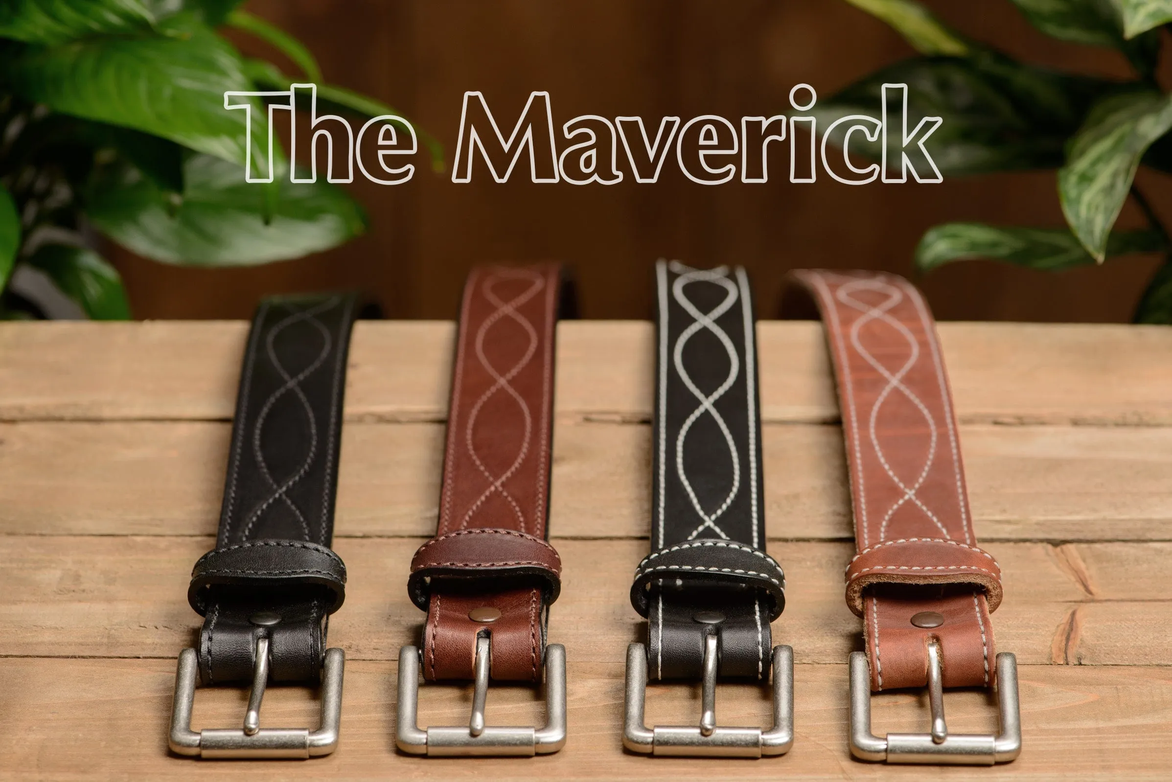 The Maverick: Men's Black Figure 8 Stitched Leather Belt With Black Thread 1.50"