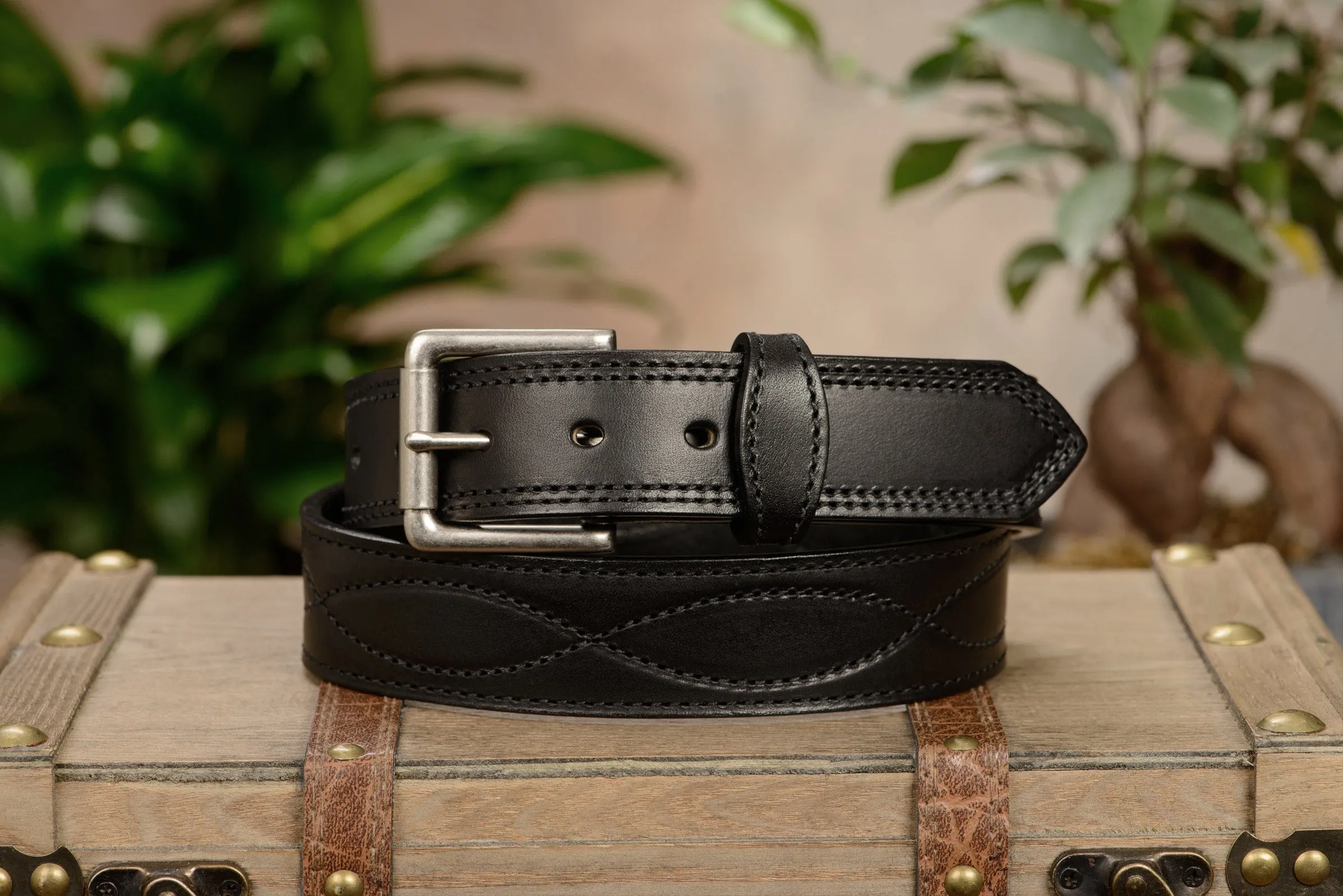 The Maverick: Men's Black Figure 8 Stitched Leather Belt With Black Thread 1.50"
