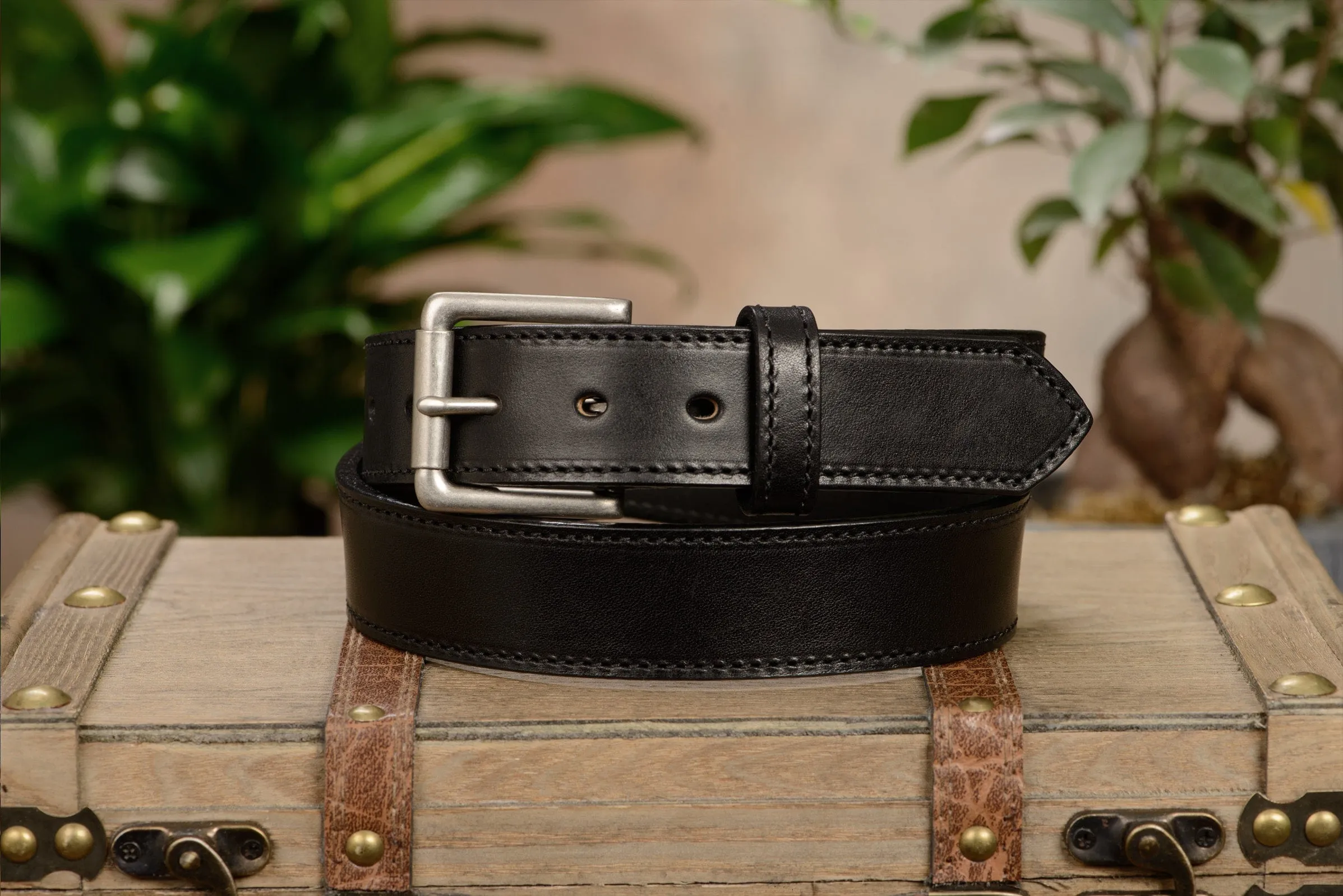 The Maverick: Men's Black Stitched Leather Belt 1.50"