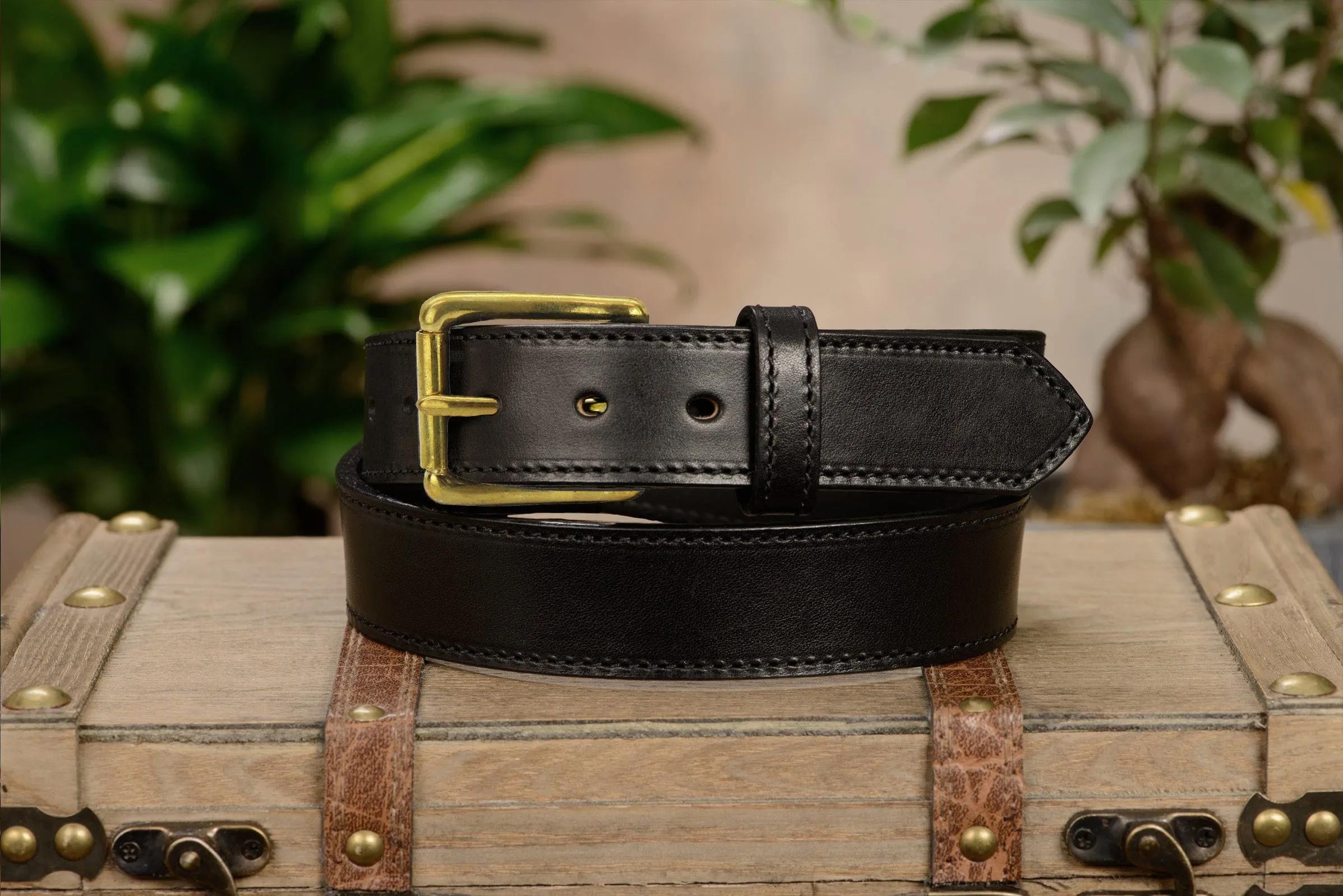 The Maverick: Men's Black Stitched Leather Belt With Brass 1.50"