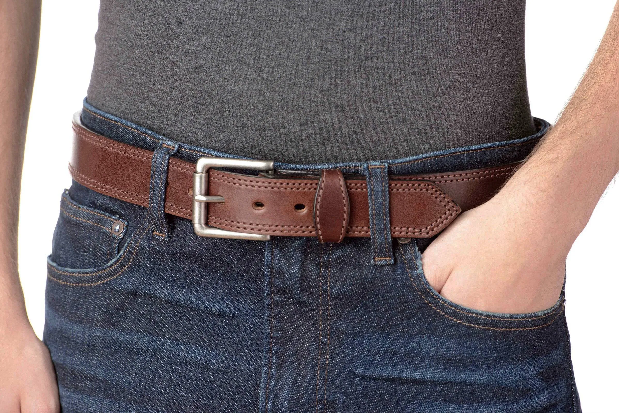 The Maverick: Men's Brown Double Stitched Leather Belt 1.50"