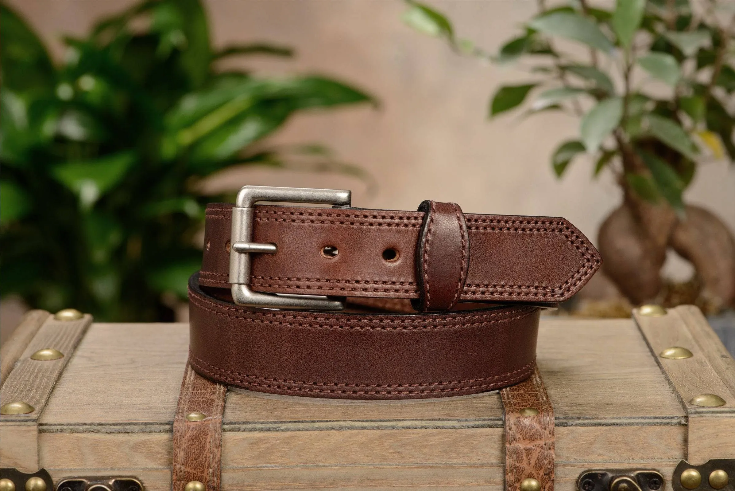The Maverick: Men's Brown Double Stitched Leather Belt 1.50"
