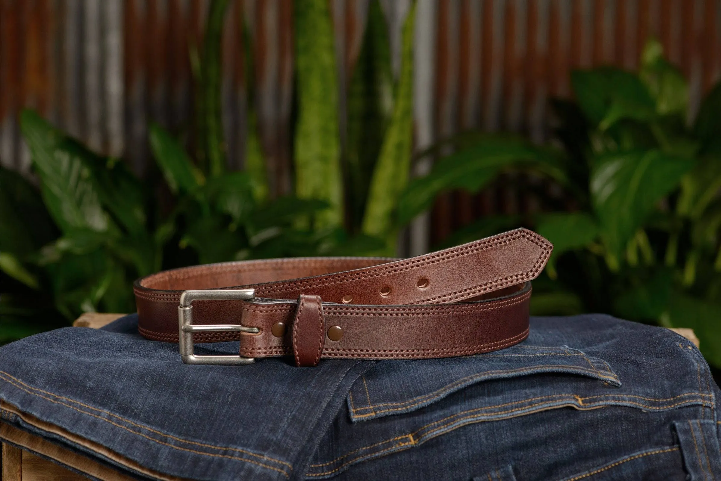 The Maverick: Men's Brown Double Stitched Leather Belt 1.50"