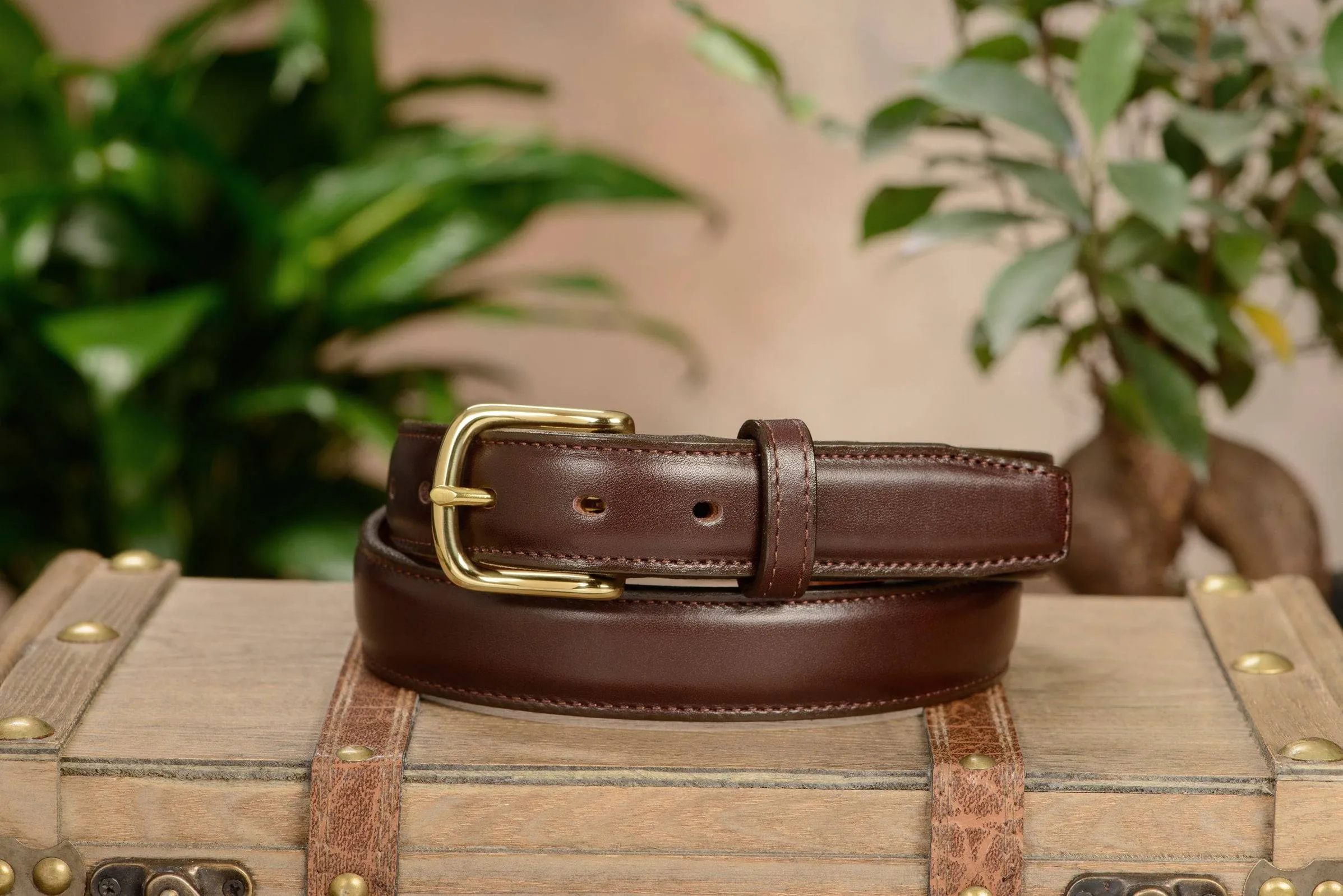 The Stallion: Men's Chocolate Brown Stitched Italian Leather Belt With Brass Buckle 1.25"