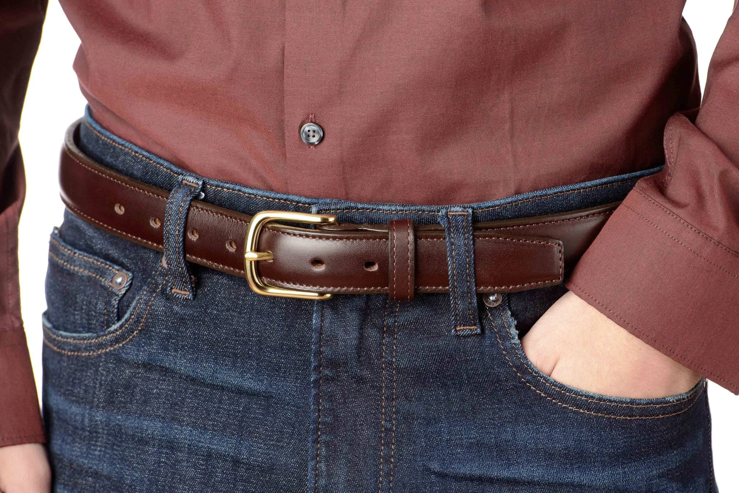 The Stallion: Men's Chocolate Brown Stitched Italian Leather Belt With Brass Buckle 1.25"