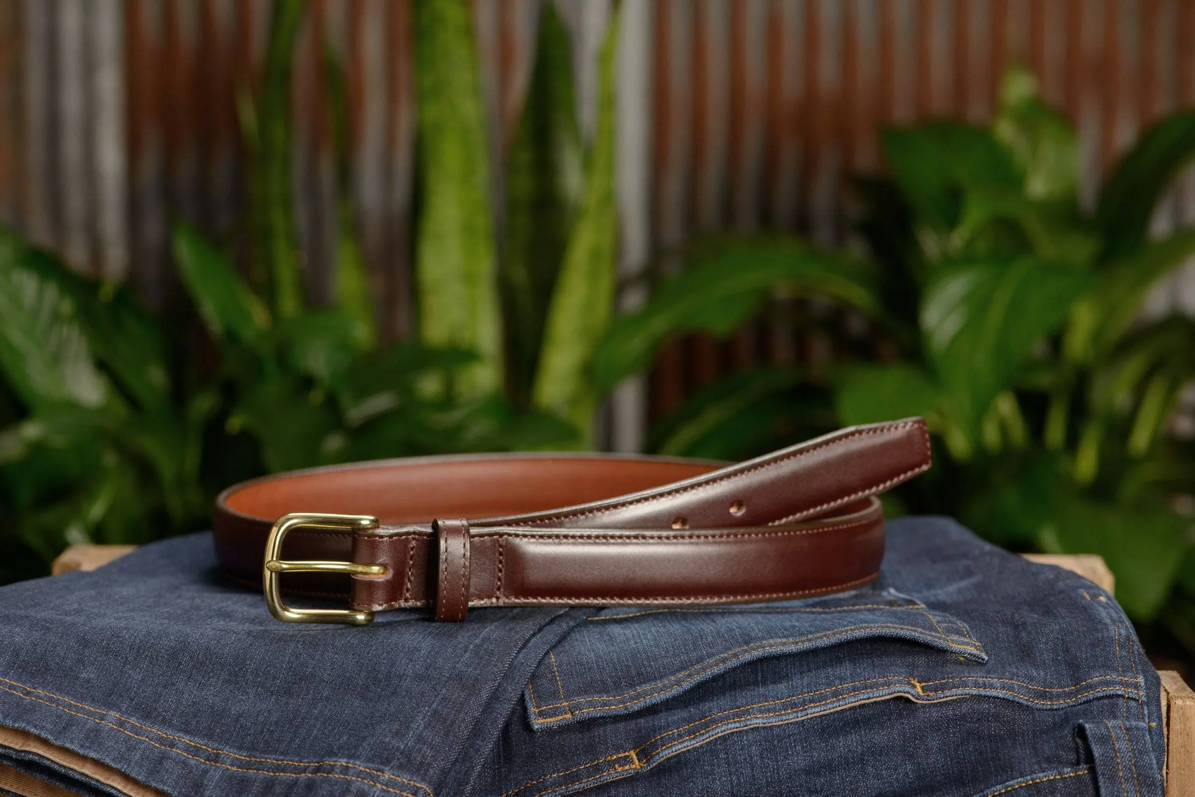 The Stallion: Men's Chocolate Brown Stitched Italian Leather Belt With Brass Buckle 1.25"