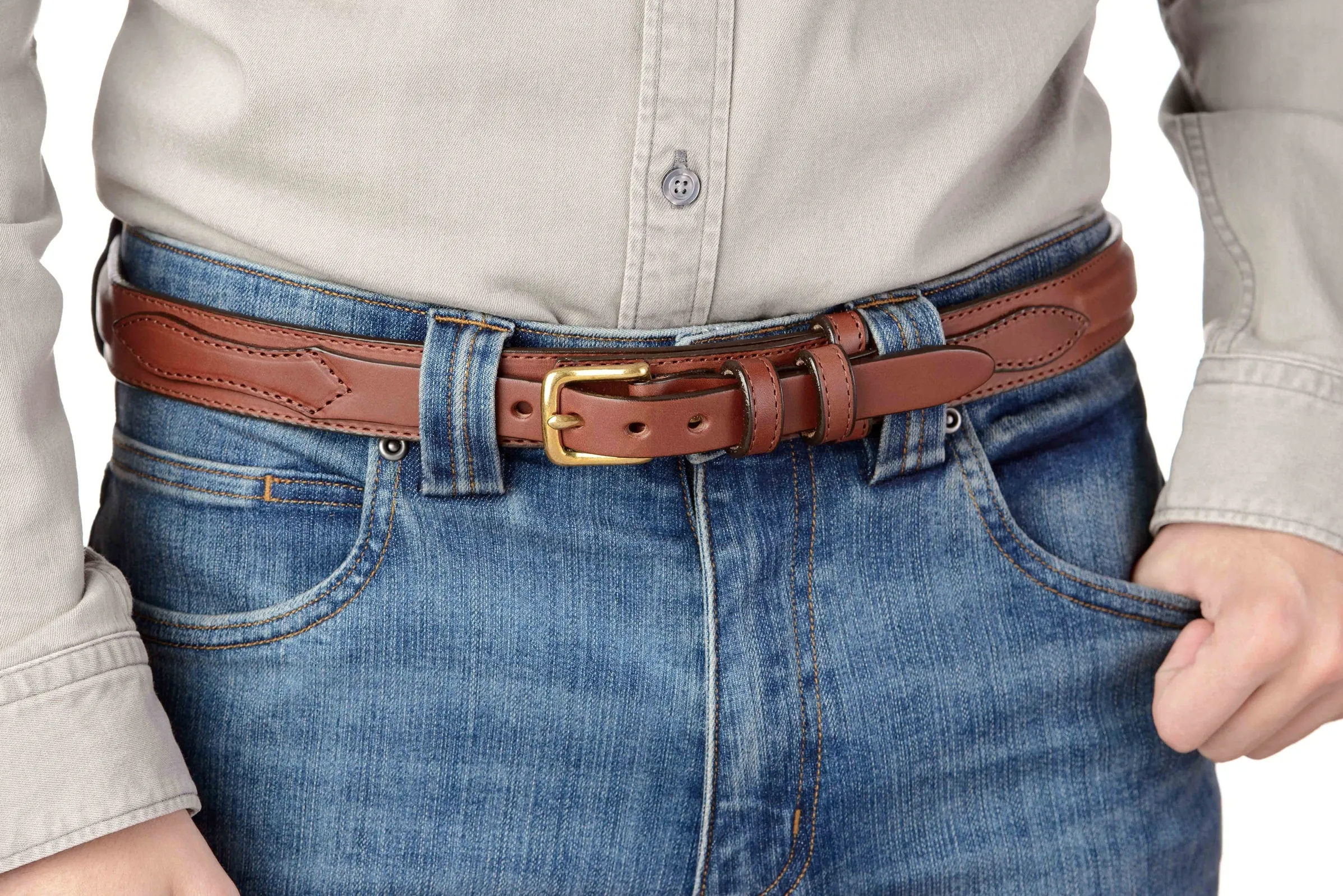 The Walker: Men's Medium Brown Stitched Ranger Leather Belt 1.25"