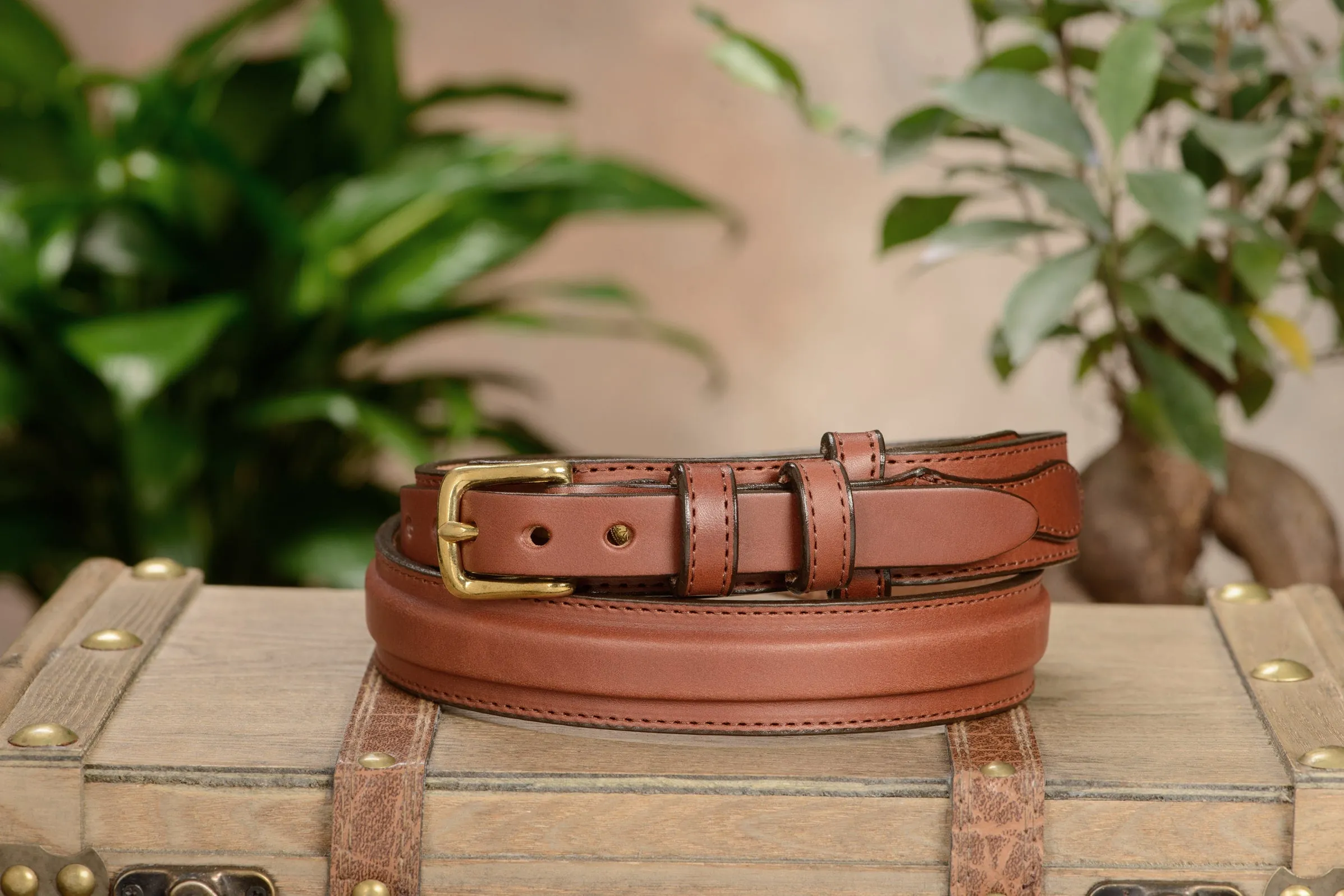 The Walker: Men's Medium Brown Stitched Ranger Leather Belt 1.25"