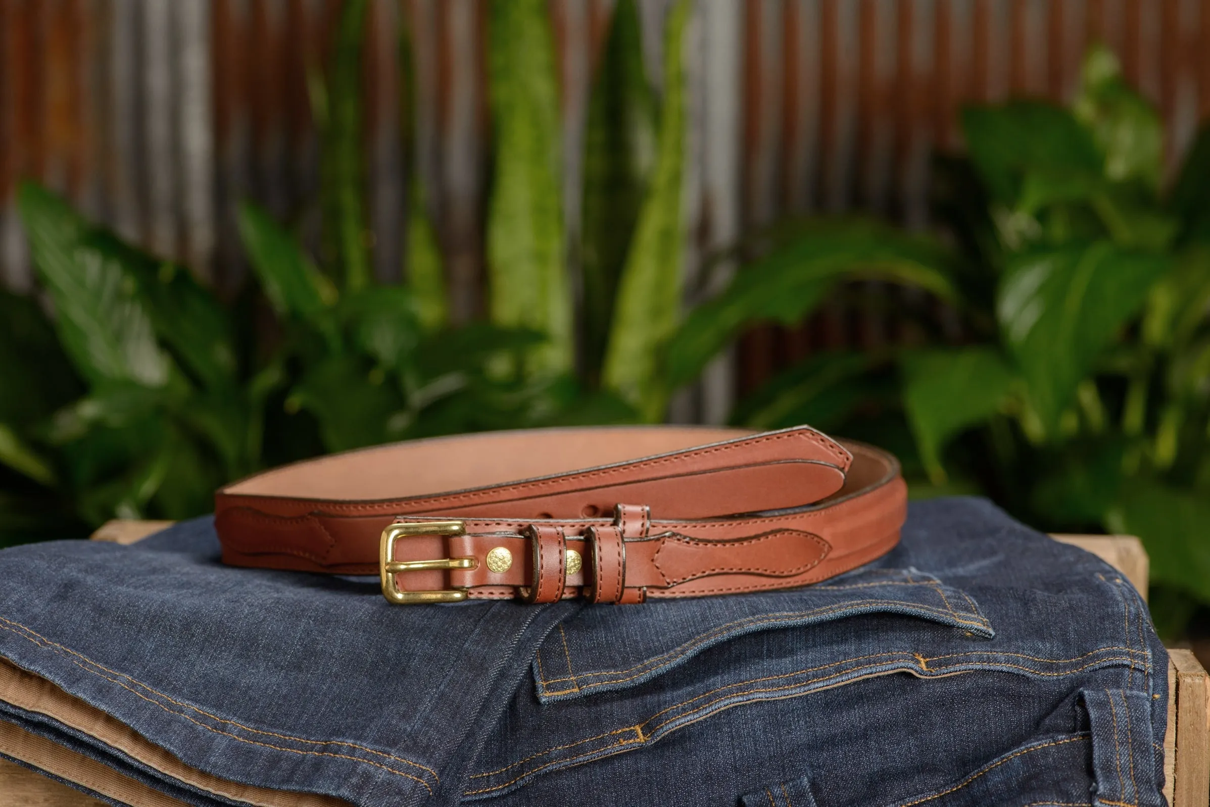 The Walker: Men's Medium Brown Stitched Ranger Leather Belt 1.25"