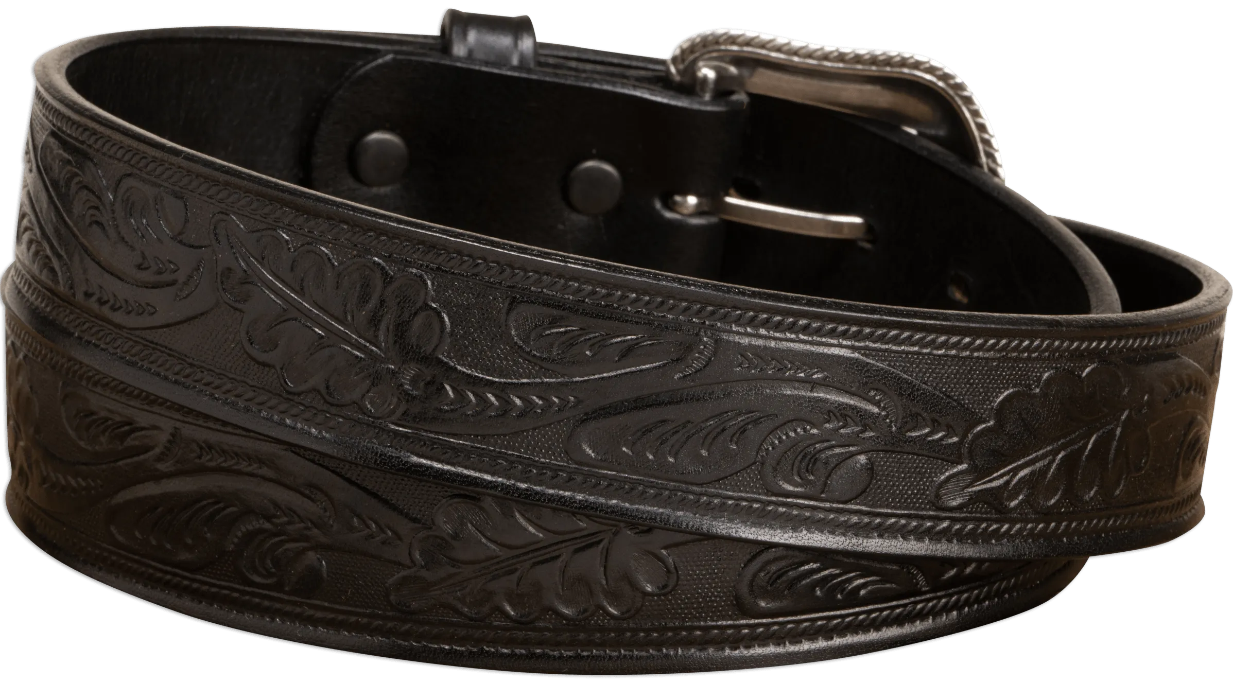 The Western Oak: Men's Black Oak Leaf Embossed Western Leather Belt 1.50"