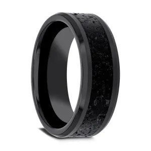 Thorsten VESUVIUS Black Ceramic Wedding Band with Black & Gray Lava Rock Stone Inlay & Polished Beveled Edges - 6mm & 8mm
