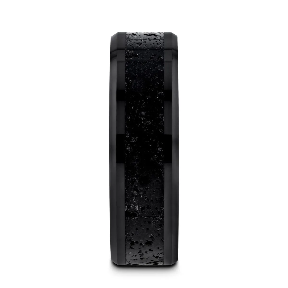 Thorsten VESUVIUS Black Ceramic Wedding Band with Black & Gray Lava Rock Stone Inlay & Polished Beveled Edges - 6mm & 8mm