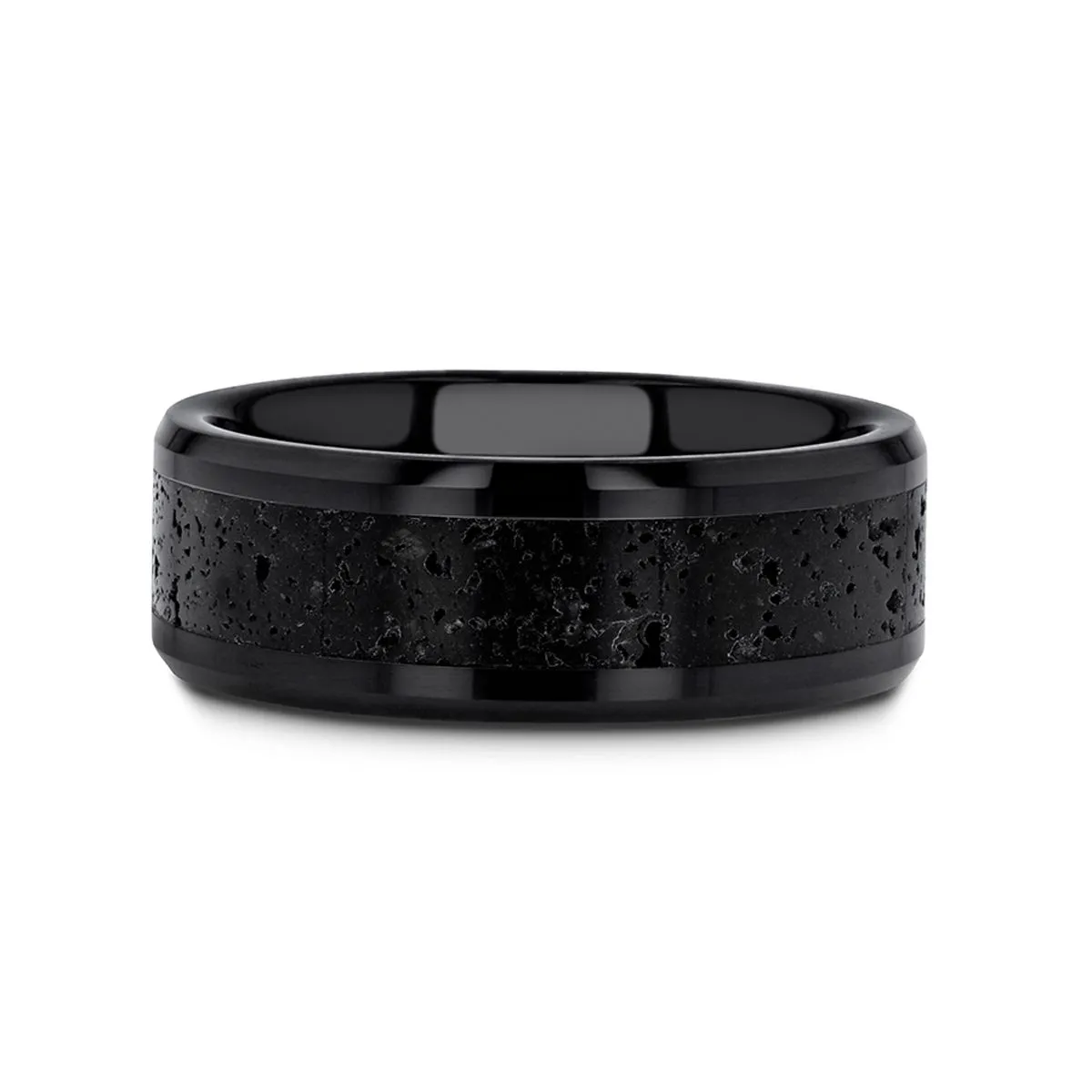 Thorsten VESUVIUS Black Ceramic Wedding Band with Black & Gray Lava Rock Stone Inlay & Polished Beveled Edges - 6mm & 8mm