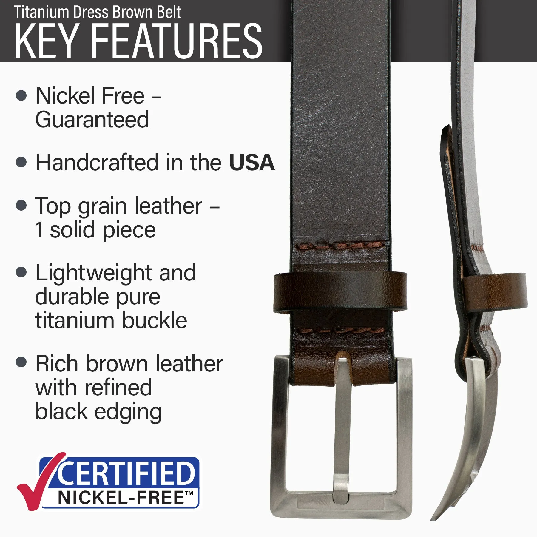 Titanium Brown Leather Dress Belt by Nickel Smart®
