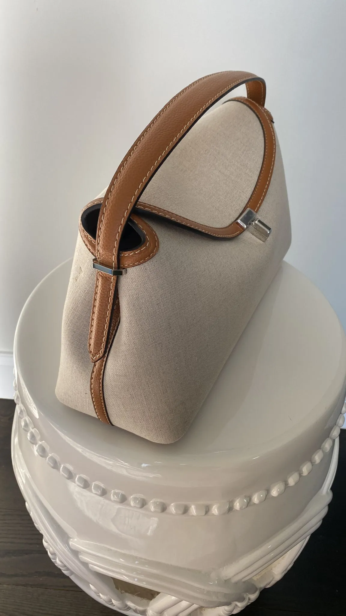 Toteme Ecru/Tan T-Lock Canvas Top Handle Bag
