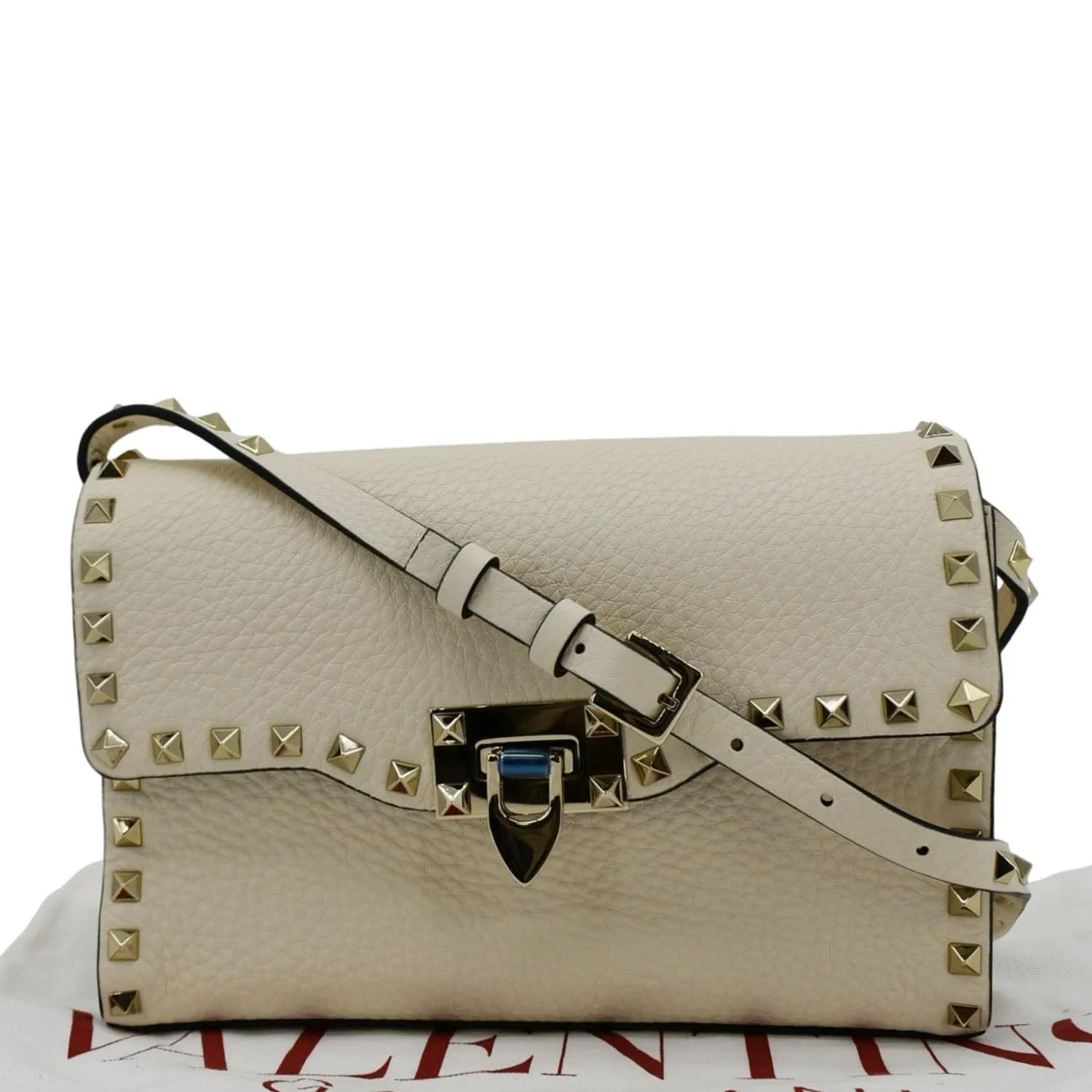 VALENTINO Rockstud Flip Lock Leather Shoulder Bag Off White
