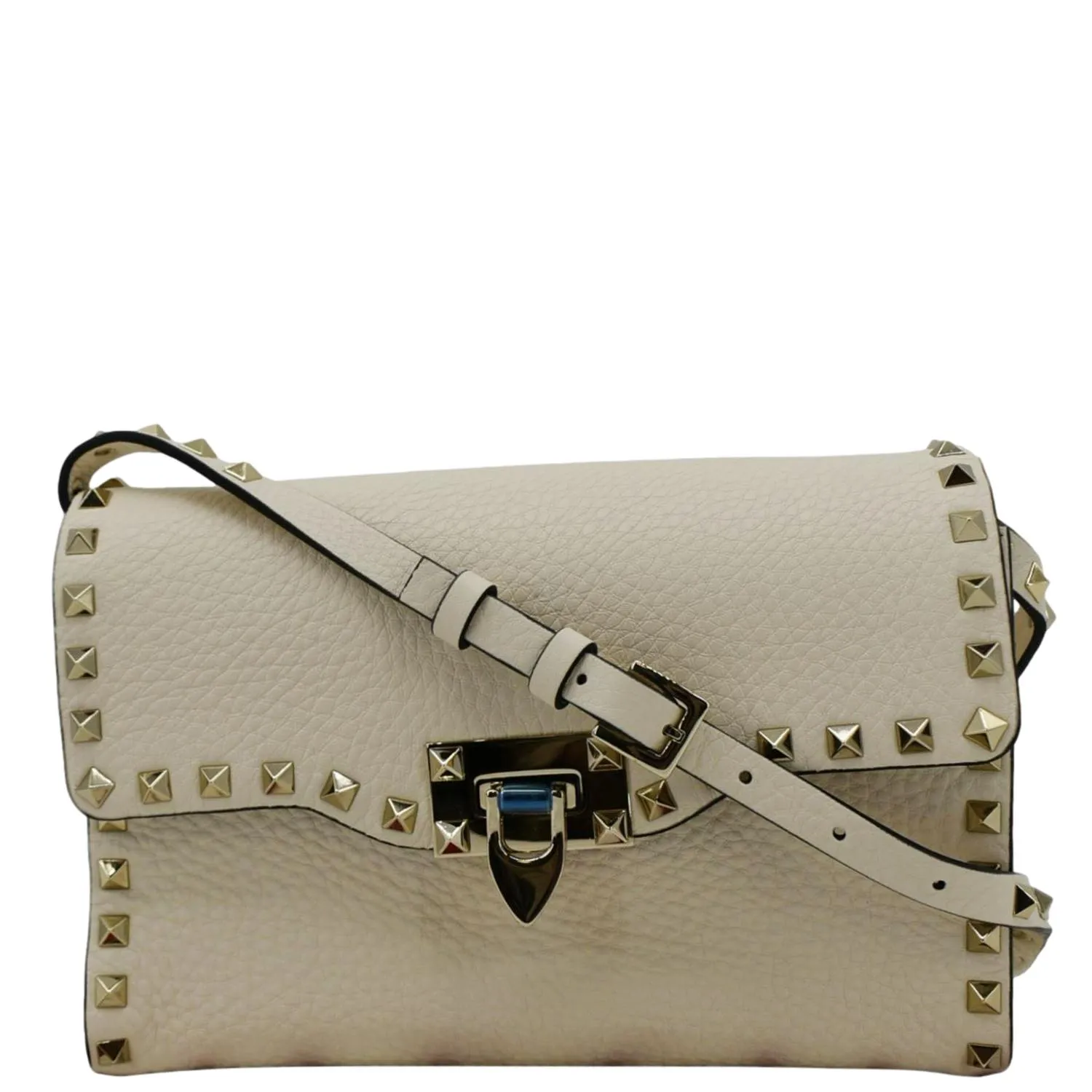 VALENTINO Rockstud Flip Lock Leather Shoulder Bag Off White