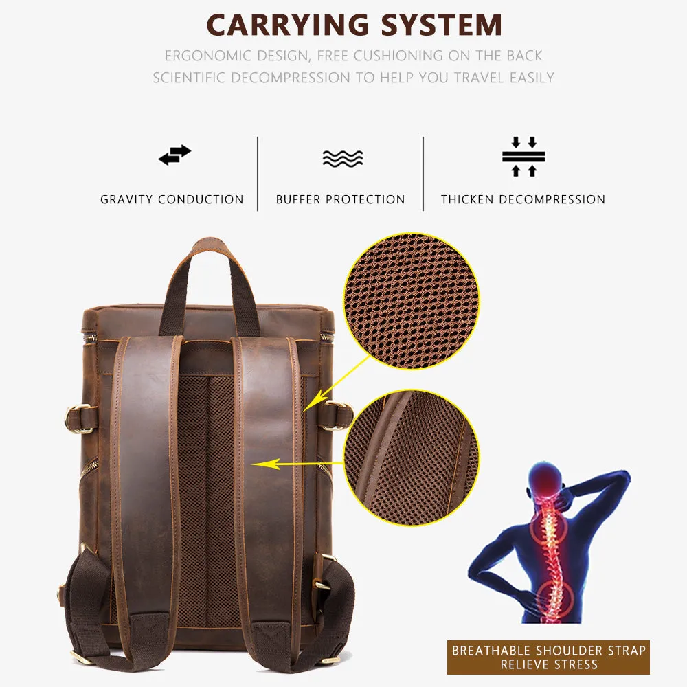 Vintage Crazy Horse Leather Backpack Large Capacity Laptop Travel Daypack Retro Style