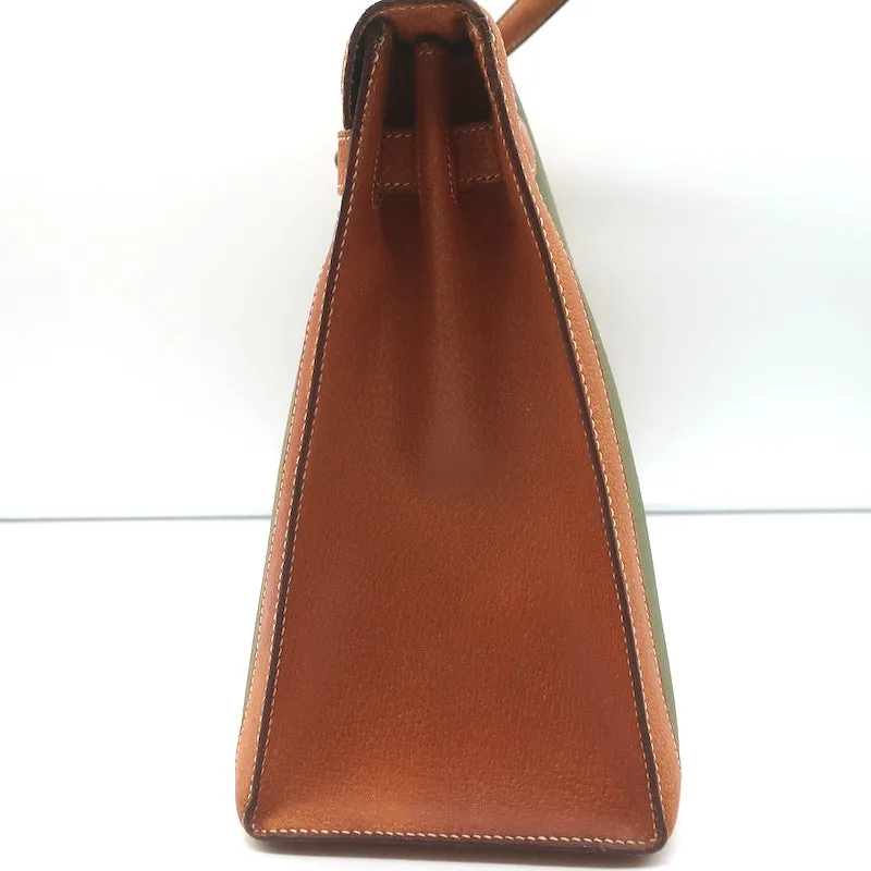 Vintage Hermes Kelly Retourne 32 Bag Olive Canvas & Gold Peau Porc Leather Trim