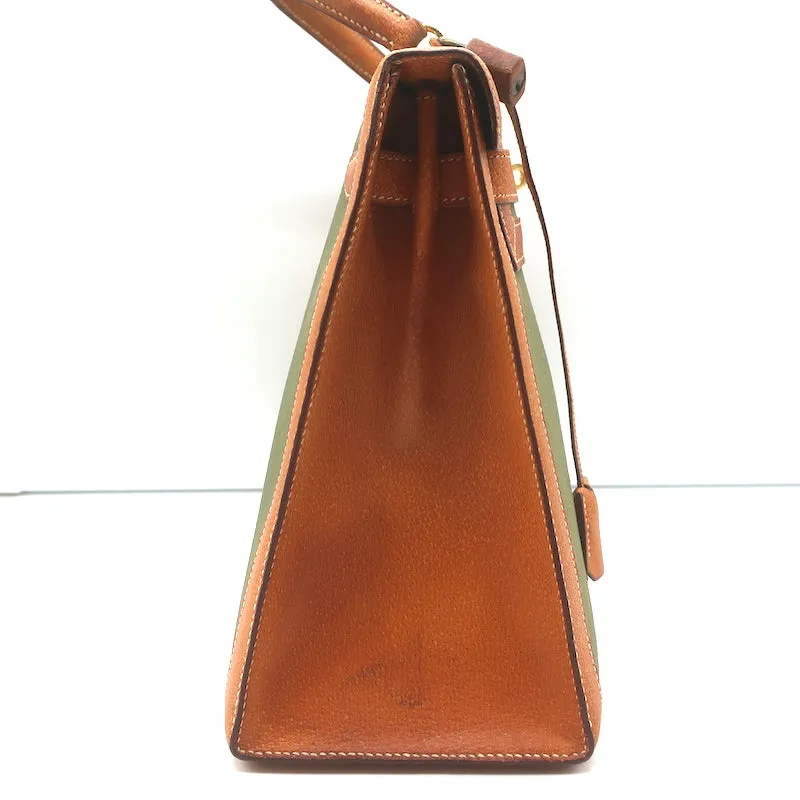 Vintage Hermes Kelly Retourne 32 Bag Olive Canvas & Gold Peau Porc Leather Trim