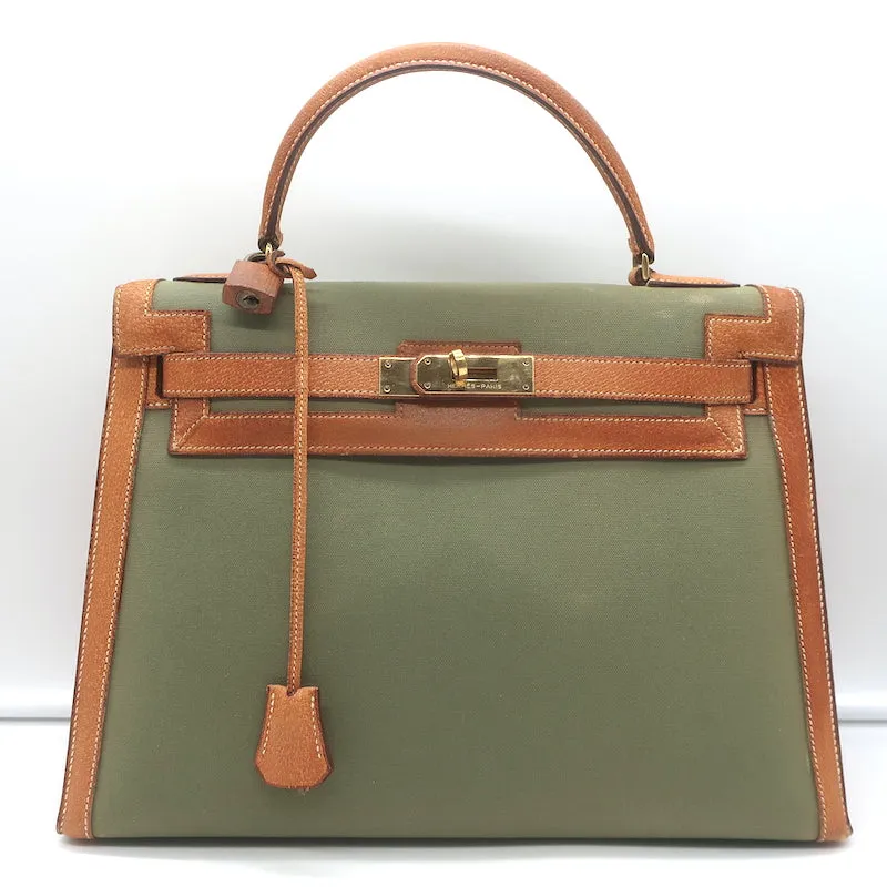 Vintage Hermes Kelly Retourne 32 Bag Olive Canvas & Gold Peau Porc Leather Trim