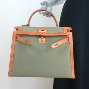 Vintage Hermes Kelly Retourne 32 Bag Olive Canvas & Gold Peau Porc Leather Trim