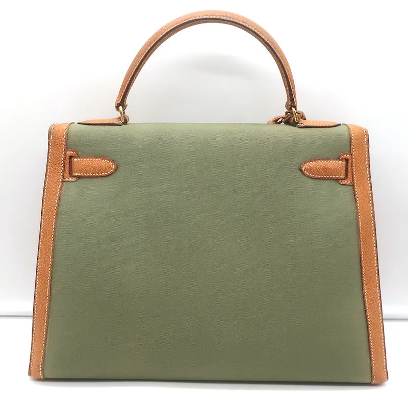 Vintage Hermes Kelly Retourne 32 Bag Olive Canvas & Gold Peau Porc Leather Trim