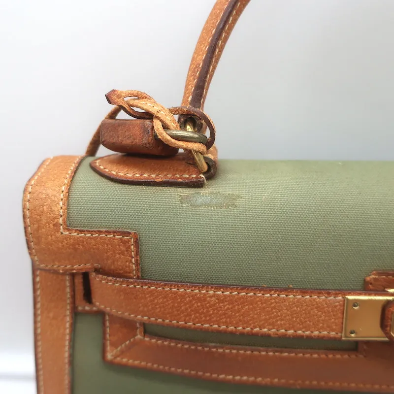 Vintage Hermes Kelly Retourne 32 Bag Olive Canvas & Gold Peau Porc Leather Trim