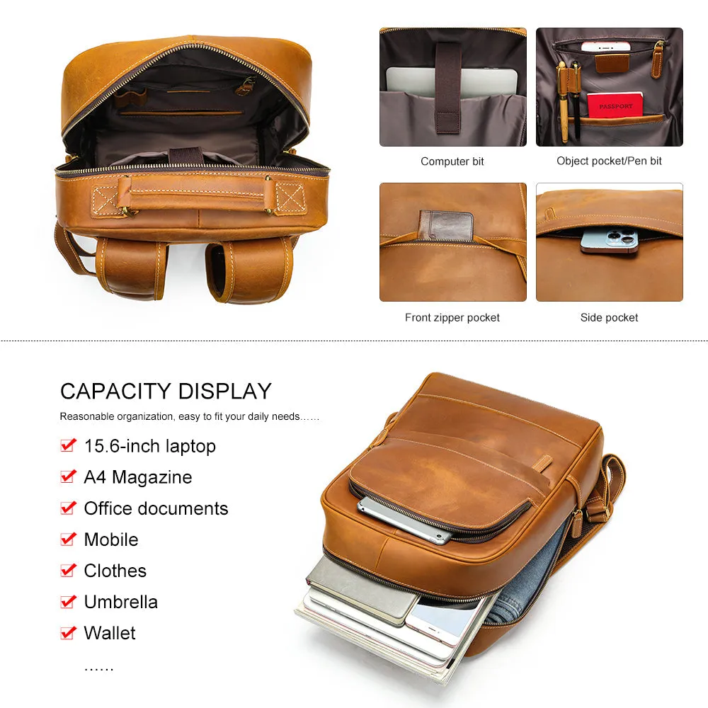 Vintage Men's Crazy Horse Leather Backpack 15.6 Inch Laptop Bag Travel Multifunctional Daypack