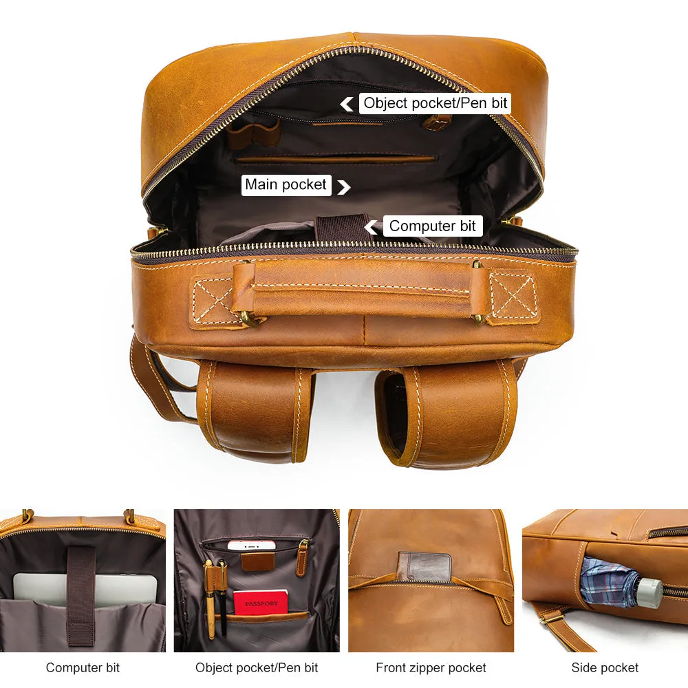 Vintage Men's Crazy Horse Leather Backpack 15.6 Inch Laptop Bag Travel Multifunctional Daypack