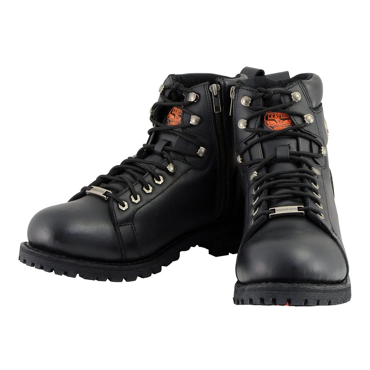 WIDE MBM100W Men's Black Leather Wide-Width Lace-Up Motorcycle Boots with Side Zipper