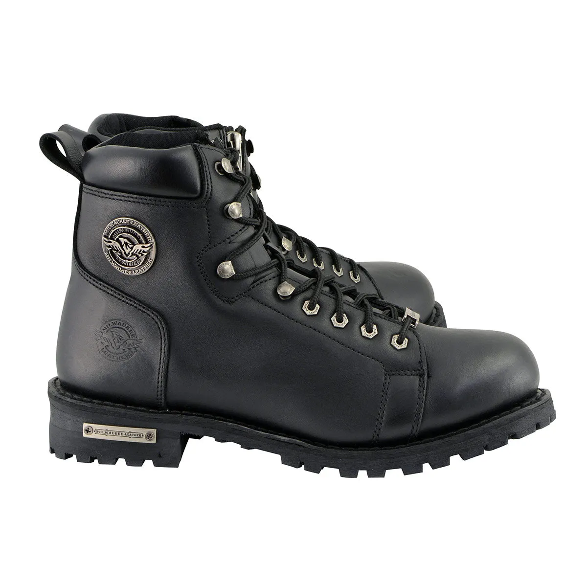 WIDE MBM100W Men's Black Leather Wide-Width Lace-Up Motorcycle Boots with Side Zipper
