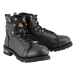 WIDE MBM100W Men's Black Leather Wide-Width Lace-Up Motorcycle Boots with Side Zipper