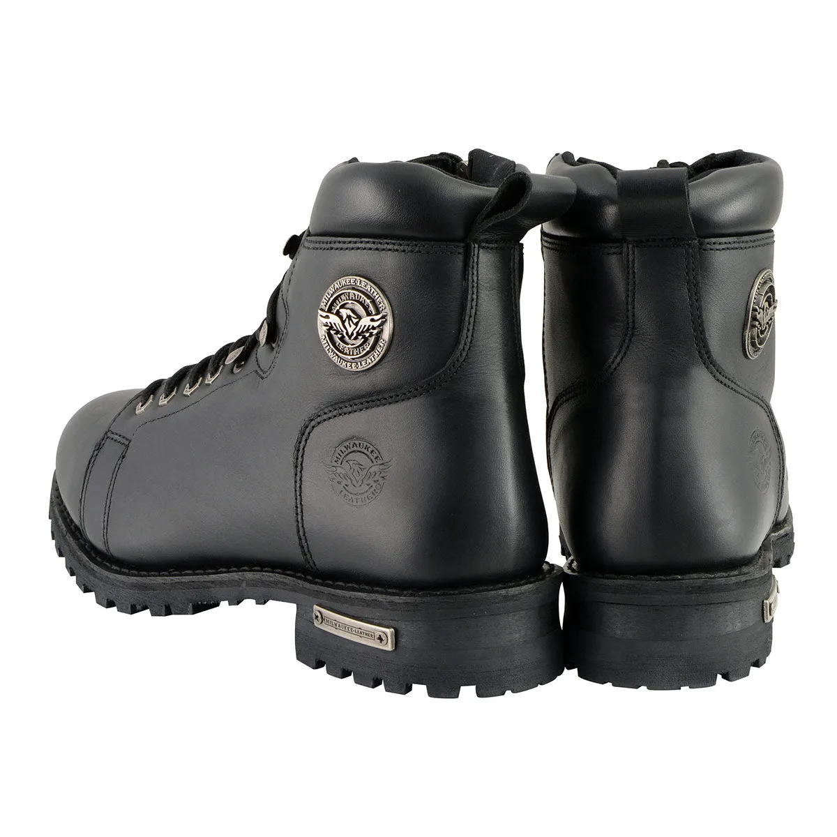 WIDE MBM100W Men's Black Leather Wide-Width Lace-Up Motorcycle Boots with Side Zipper