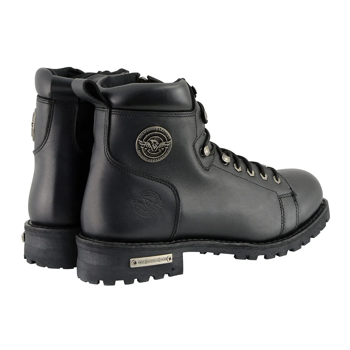 WIDE MBM100W Men's Black Leather Wide-Width Lace-Up Motorcycle Boots with Side Zipper