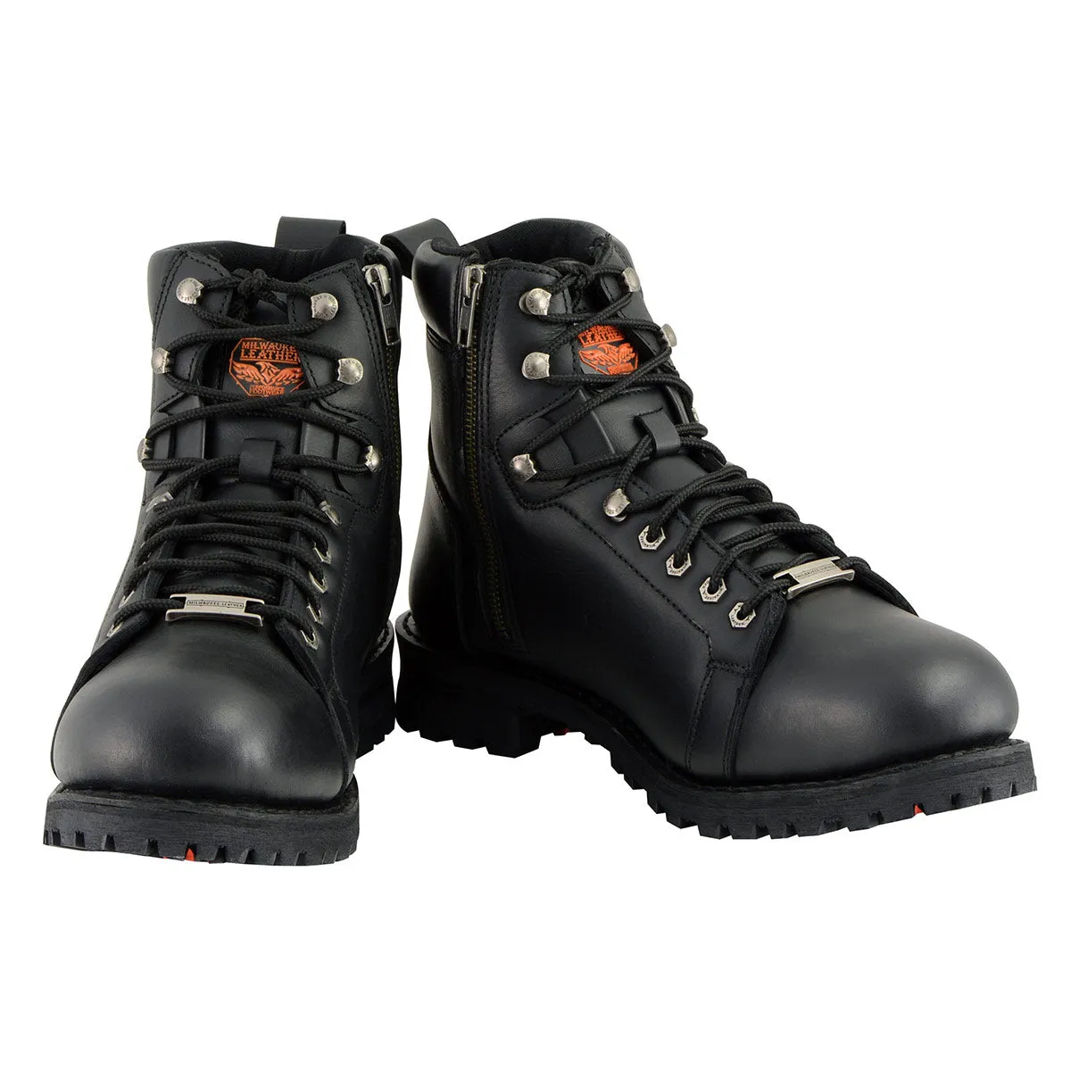 WIDE MBM100W Men's Black Leather Wide-Width Lace-Up Motorcycle Boots with Side Zipper