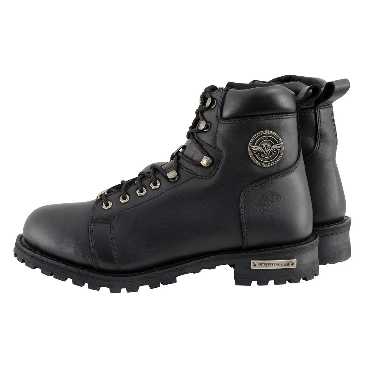 WIDE MBM100W Men's Black Leather Wide-Width Lace-Up Motorcycle Boots with Side Zipper